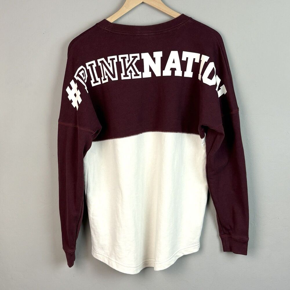 Victoria Secret PINK Nation Sweatshirt S Ivory Maroon Varsity Crew BIG Spellout